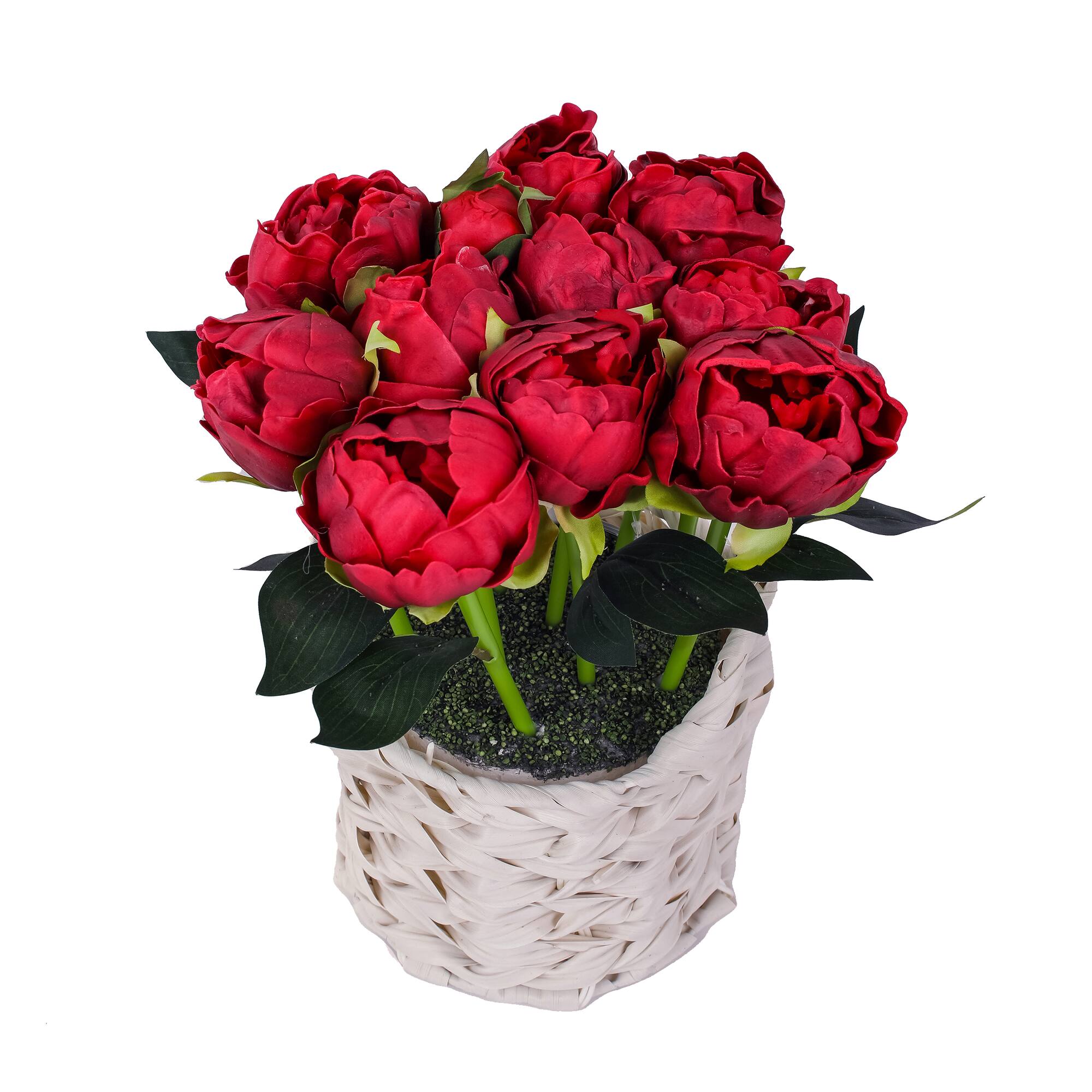 10" Peony Flower Bouquet In White Basket